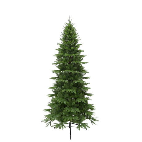 Albero di Natale slim in PE, effetto realistico, alto 210 cm, su sfondo bianco.