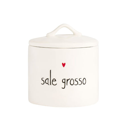 Barattolo in grès con tappo ermetico e decoro con cuoricino rosso e scritta "sale grosso" in nero.
