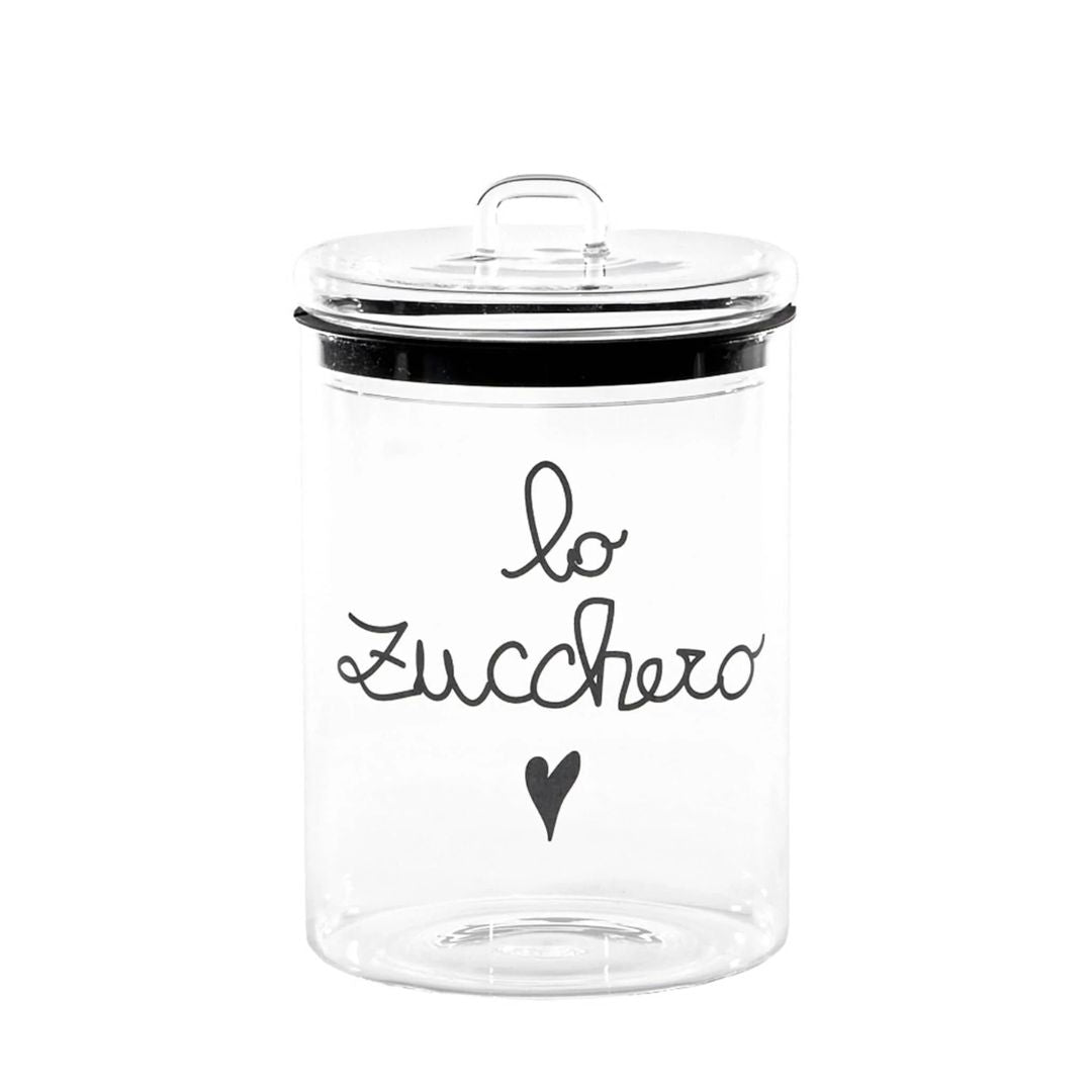 Barattolo in vetro borosilicato con scritta nera "lo zucchero".