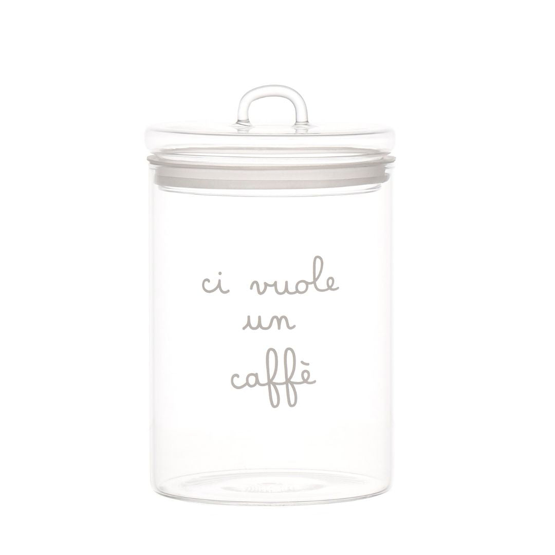 Barattolo in vetro borosilicato con scritta bianca "ci vuole un caffè".
