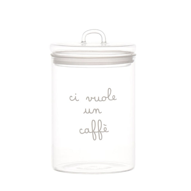 Barattolo in vetro borosilicato con scritta bianca "ci vuole un caffè".