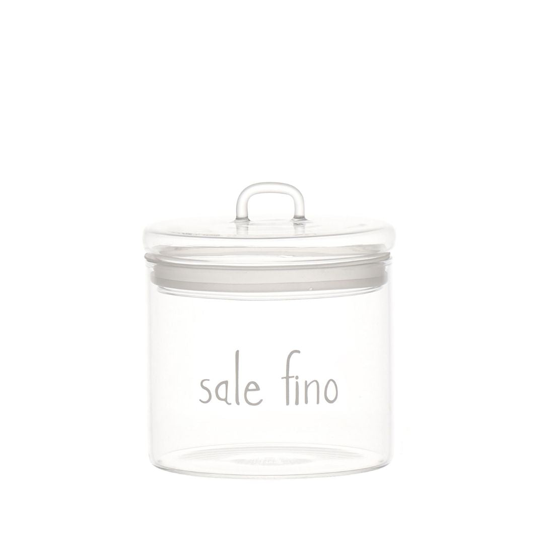 Barattolo in vetro borosilicato ermetico con scritta "sale fino" in bianco.