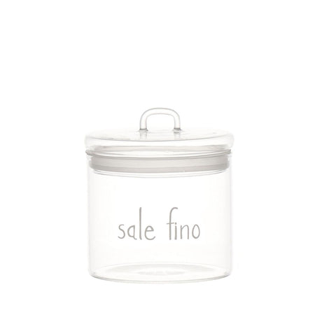 Barattolo in vetro borosilicato ermetico con scritta "sale fino" in bianco.