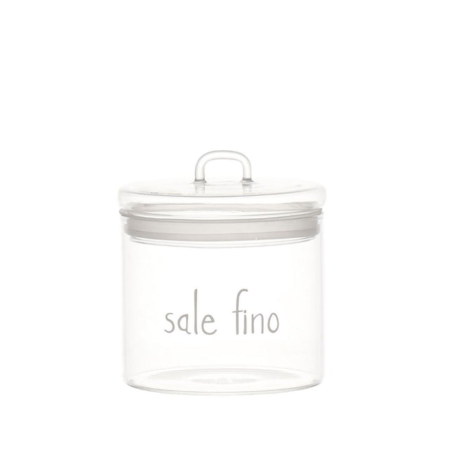 Barattolo in vetro borosilicato ermetico con scritta "sale fino" in bianco.