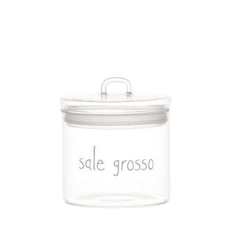 Barattolo in vetro borosilicato ermetico con scritta "sale grosso" in bianco.