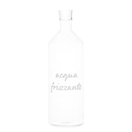 Bottiglia con tappo in vetro borosilicato con scritta bianca "acqua frizzante".