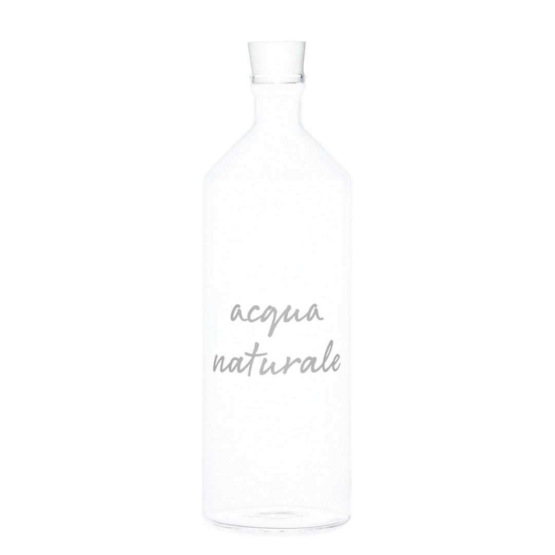 Bottiglia con tappo in vetro borosilicato con scritta bianca "acqua naturale".