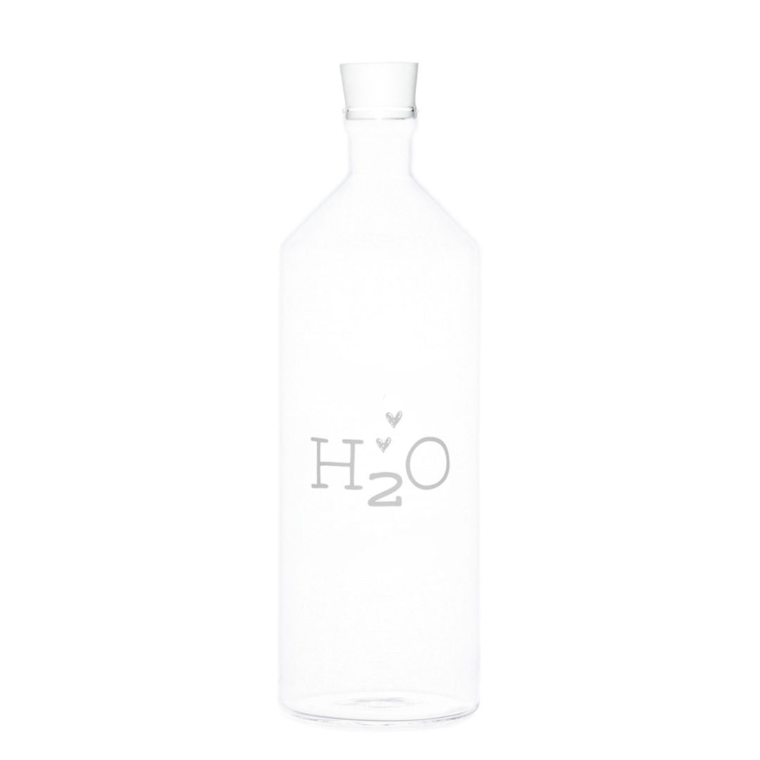 Bottiglia con tappo in vetro borosilicato con scritta bianca "H2O".