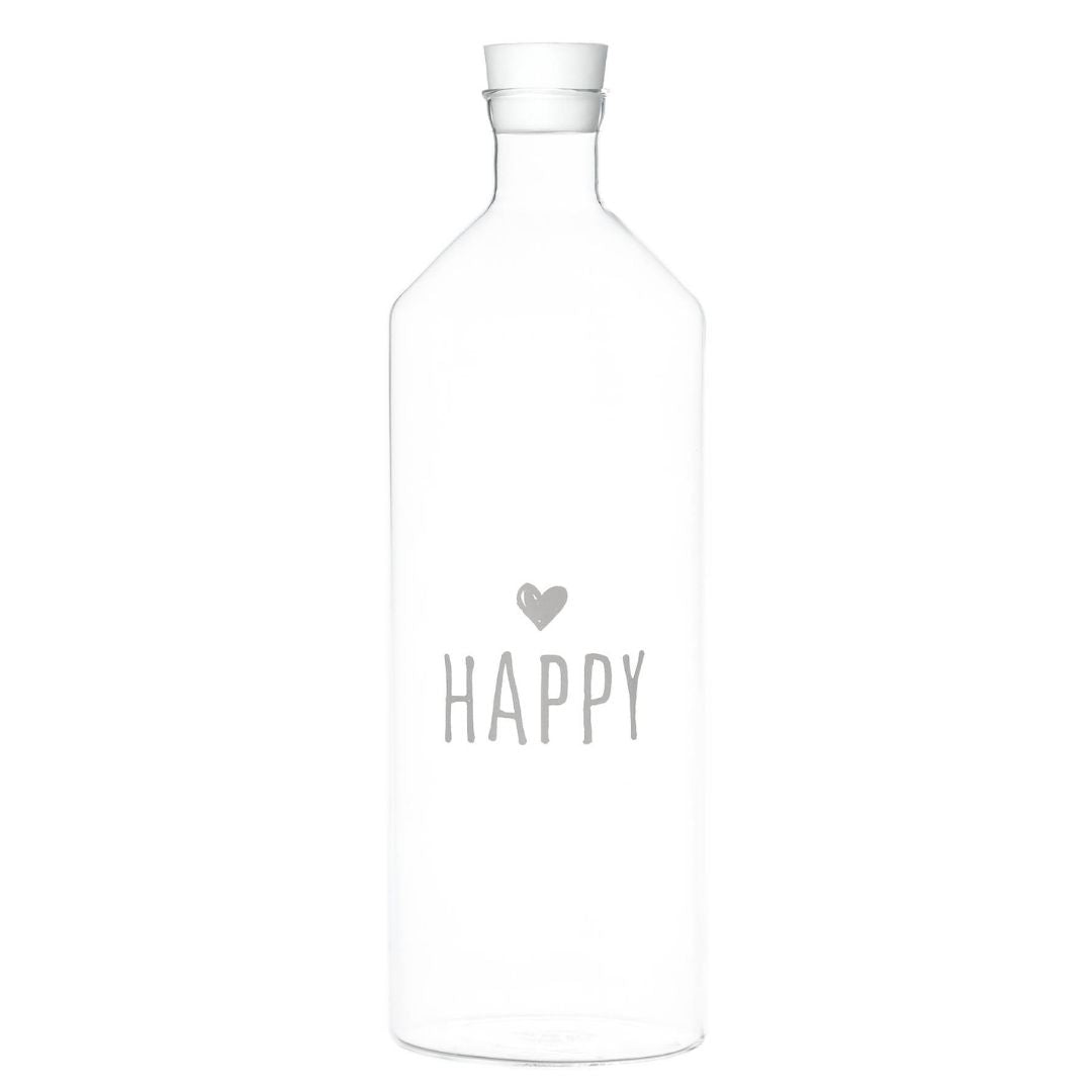 Bottiglia con tappo in vetro borosilicato con scritta bianca "Happy".