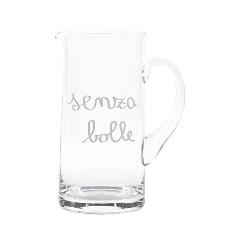Brocca in vetro soffiato da 1,2 l con scritta in stampatello minuscolo "senza bolle".
