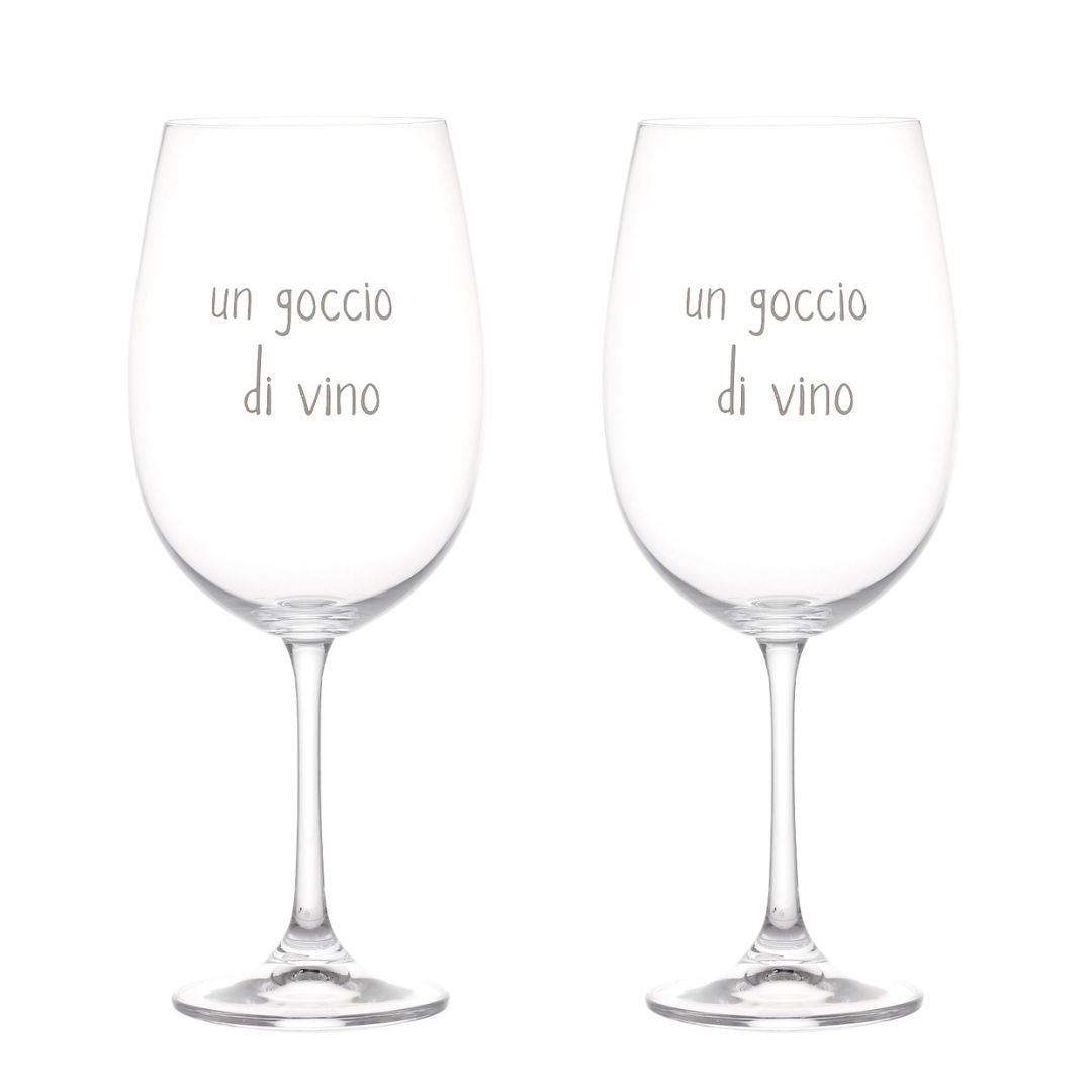 Set di due calici per vino in vetro con scritta bianca serigrafata "un goccio di vino".