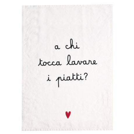Canovaccio in lino bianco con scritta "a chi tocca lavare i piatti?" e cuoricino rosso.