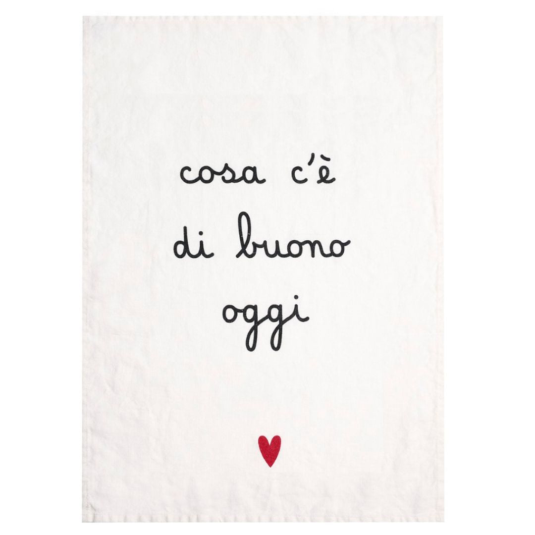 Canovaccio il lino bianco con scritta nera "cosa c'è di buono oggi" e cuoricino rosso.