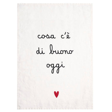 Canovaccio il lino bianco con scritta nera "cosa c'è di buono oggi" e cuoricino rosso.