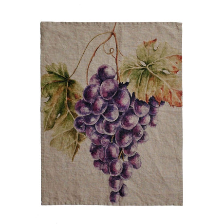 Canovaccio in lino naturale con disegno ad acquarelli di un grappolo d'uva rossa.
