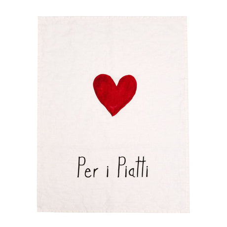 Canovaccio il lino bianco con disegno di un cuore rosso e scritta nera "per i piatti".