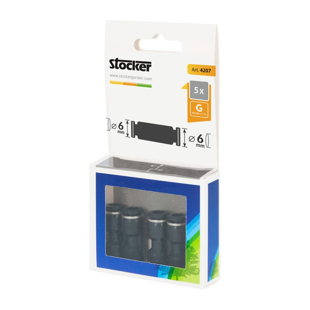 Confezione Stocker con 5 raccordi dritti per tubi Geyser System da 6 mm, visibile contenuto nella parte inferiore