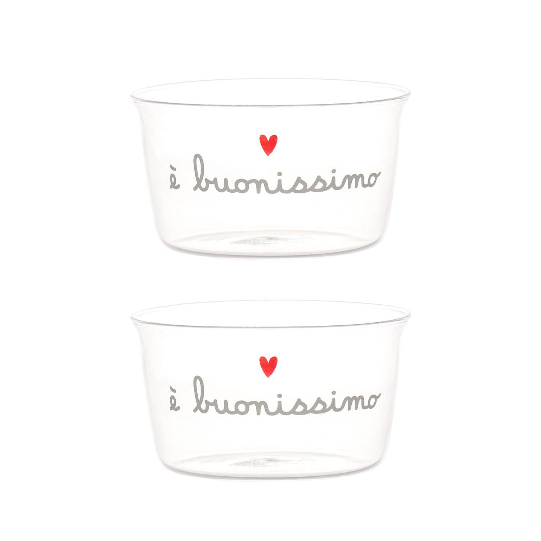 Set di due coppette in vetro con scritta
