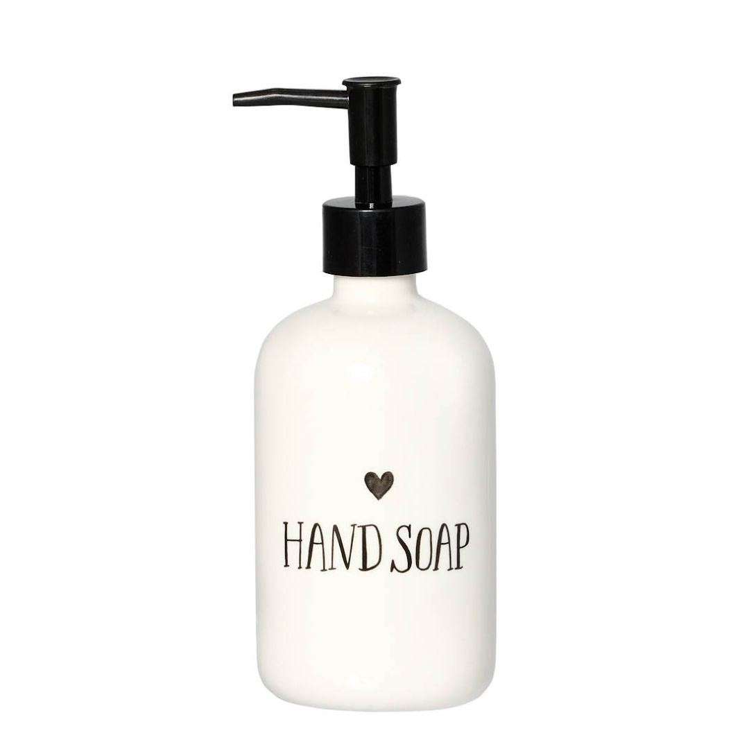 Dosasapone in grès con scritta nera "Hand soap".