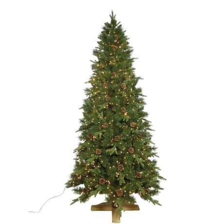 Albero di Natale in PE e PVC con pigne decorative, microled a luce bianca calda integrati e base a croce dorata, alto 180 cm.