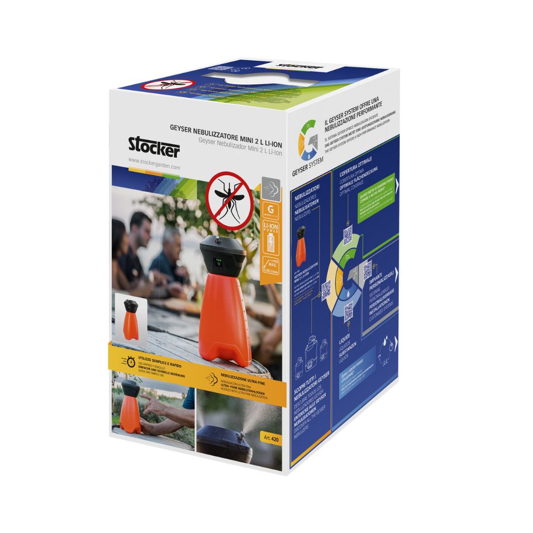 Confezione del Geyser Nebulizzatore Mini da 2 litri, con immagini, descrizioni e icona antizanzare