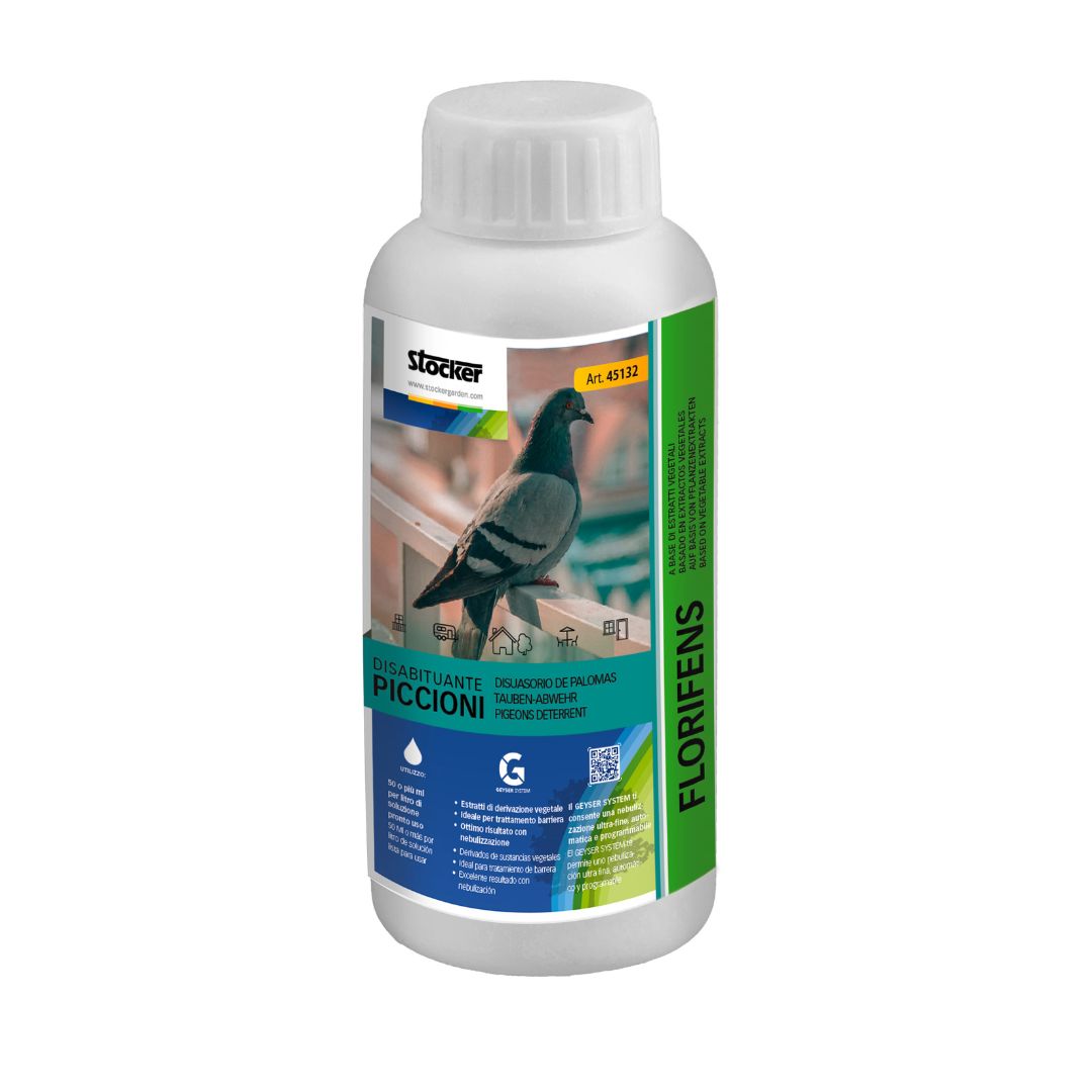 Disabituante per piccioni Stocker Florifens in flacone da 250 ml con etichetta illustrata