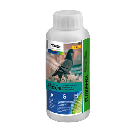 Disabituante per piccioni Stocker Florifens in flacone da 250 ml con etichetta illustrata