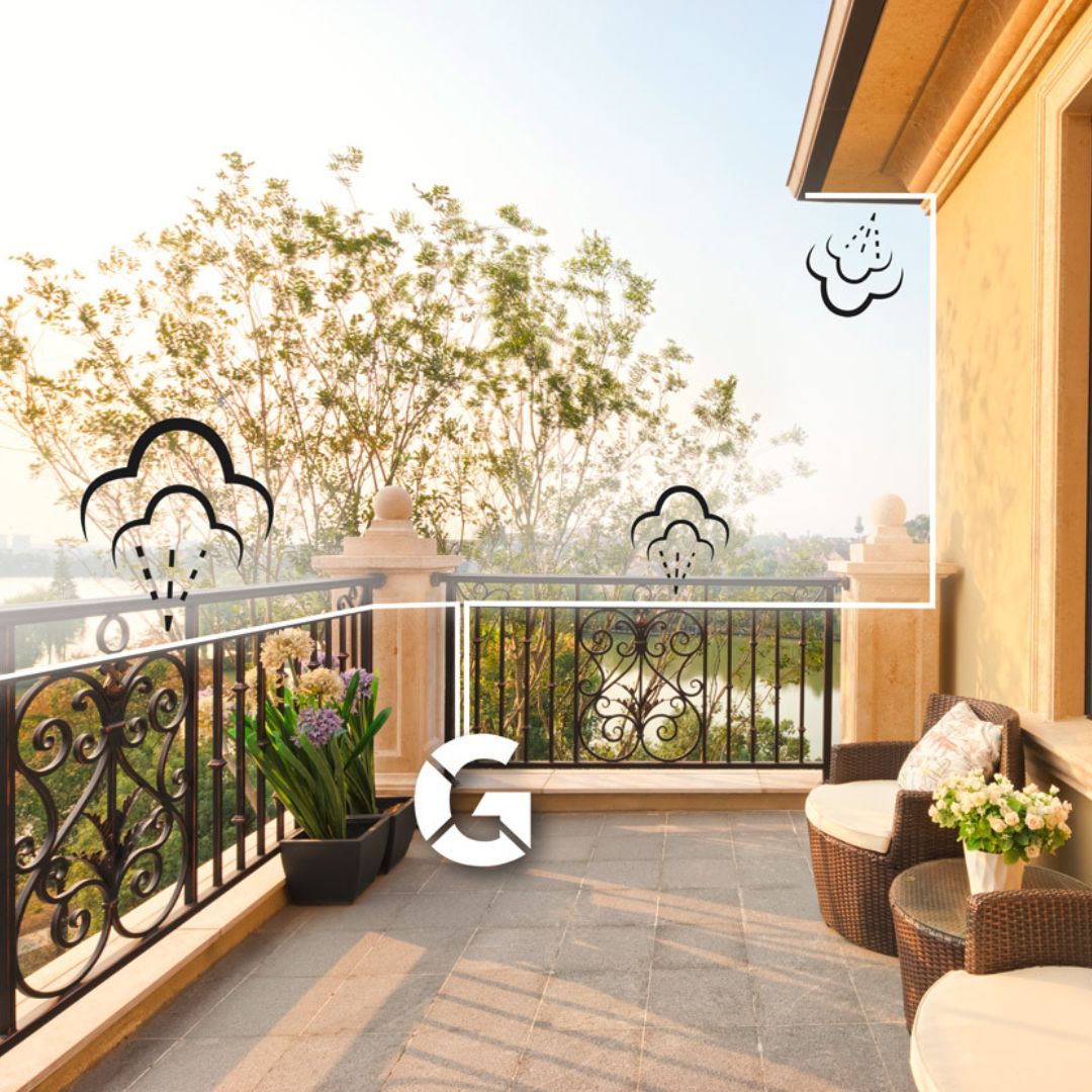 Schema applicativo del Kit Balcone Geyser su terrazza con nebulizzazione illustrata e vista panoramica