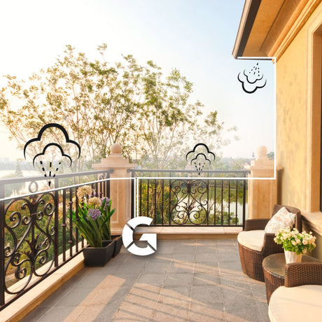 Schema applicativo del Kit Balcone Geyser su terrazza con nebulizzazione illustrata e vista panoramica