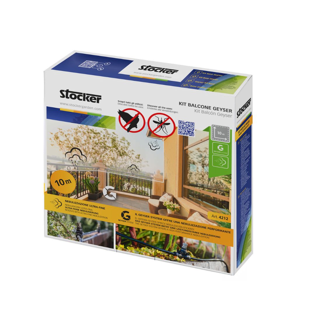 Confezione del Kit Balcone Geyser Stocker da 10 metri, con indicazioni d’uso e icone antizanzare sul fronte
