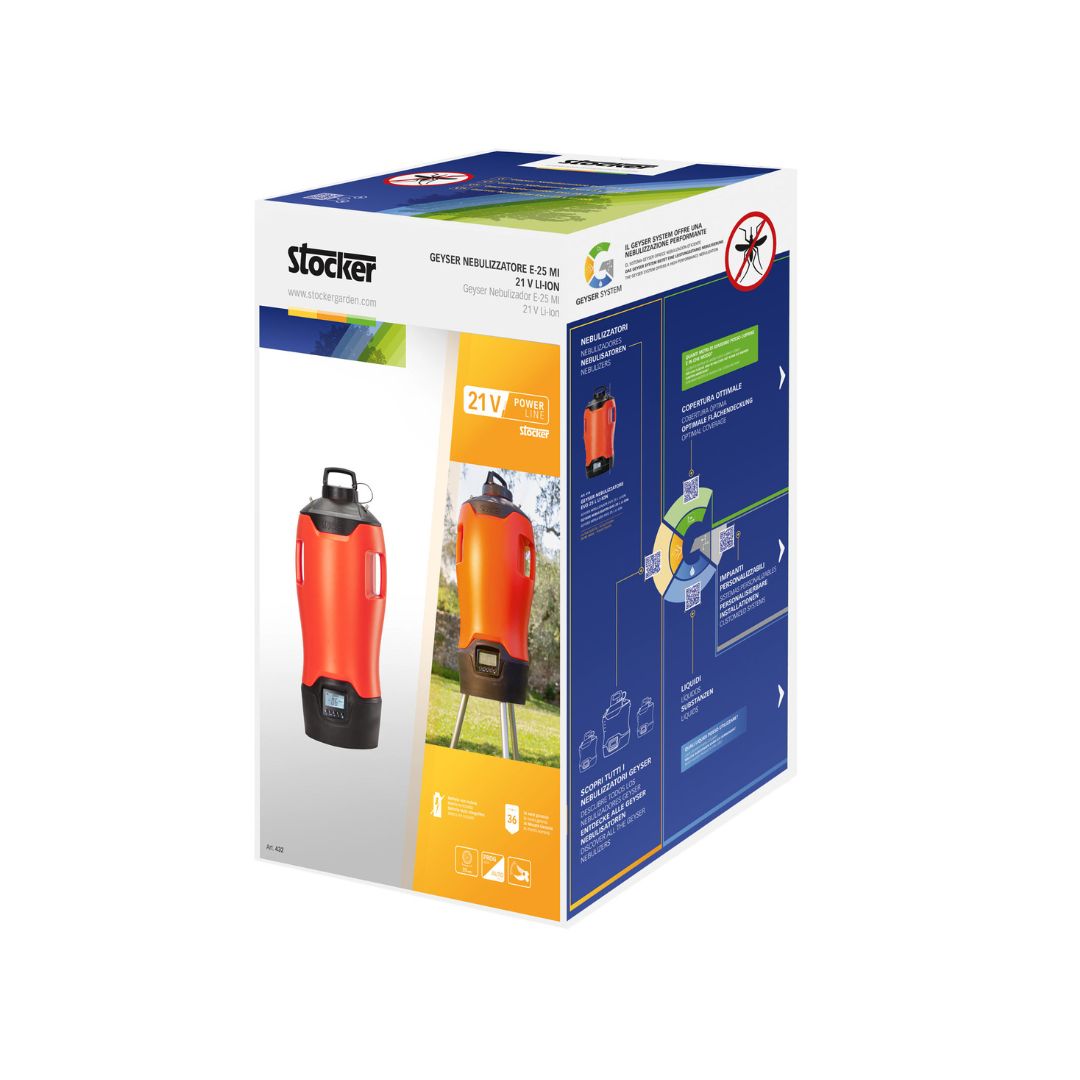 Confezione Geyser Nebulizzatore da 25 litri Stocker con grafica prodotto, dettagli tecnici e icona antizanzare