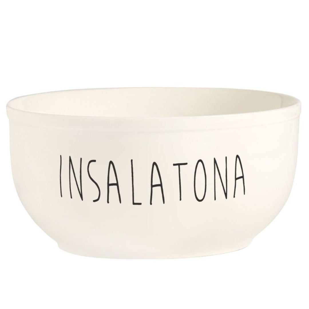 Insalatiera in grès bianca con scritta nera "Insalatona".