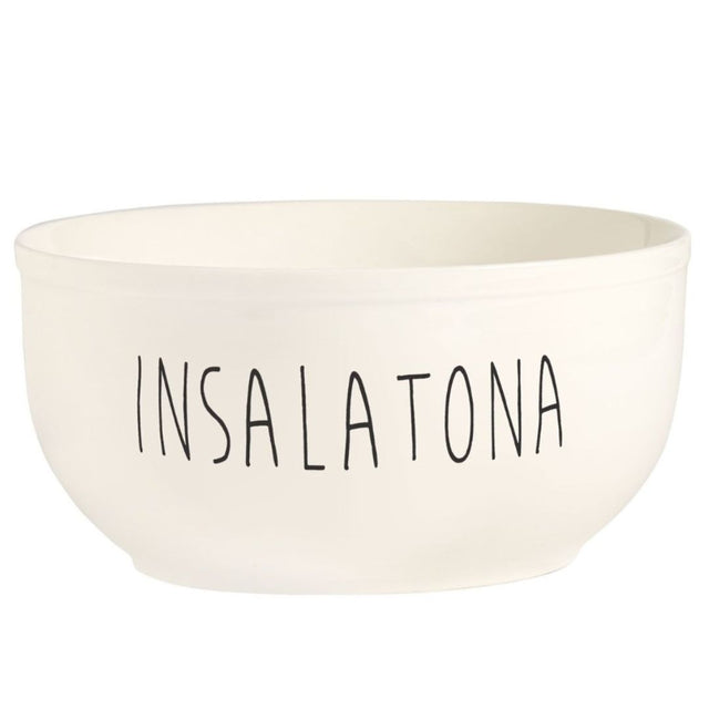 Insalatiera in grès bianca con scritta nera "Insalatona".