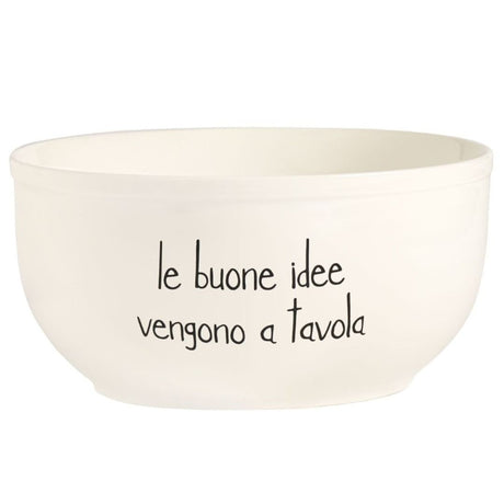 Insalatiera in grès bianca con scritta nera "Le buone idee vengono a tavola".