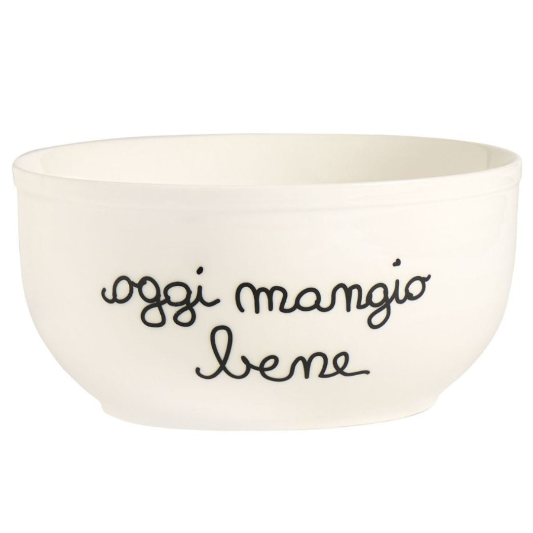 Insalatiera in grès bianca con scritta nera "Oggi mangio bene".