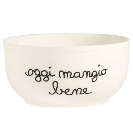 Insalatiera in grès bianca con scritta nera "Oggi mangio bene".
