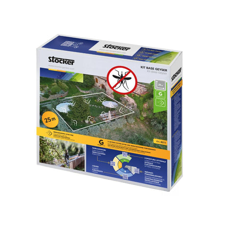 Confezione del Kit Pro Geyser Stocker da 25 metri, con schema di nebulizzazione e icona antizanzare ben visibile sul fronte