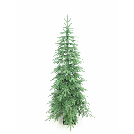 Albero di Natale slim in PE, alto 180 cm con piedistallo su sfondo bianco.