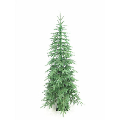 Albero di Natale slim in PE, alto 210 cm con piedistallo su sfondo bianco.
