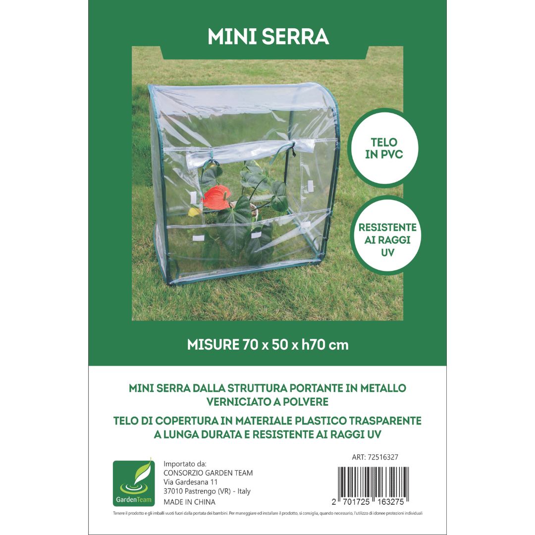 Confezione della mini serra Garden Team con immagine del prodotto montato su prato e dettagli su telo in PVC, misure 70x50xH70 cm e resistenza ai raggi UV.