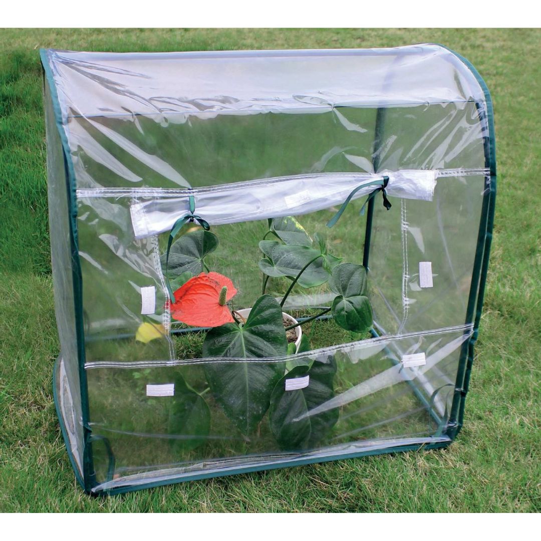 Mini serra da balcone con struttura in metallo e telo trasparente in PVC, posizionata su un prato e contenente piante verdi con un fiore rosso.