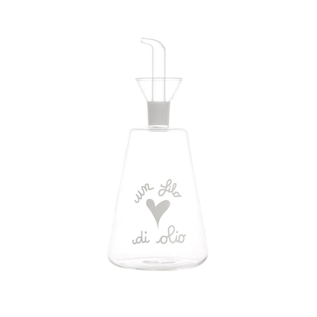 Oliera conica in vetro borosilicato con beccuccio anti-goccia e scritta