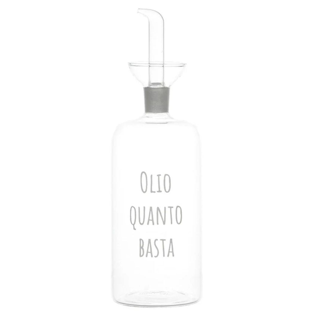 Oliera in vetro borosilicato con beccuccio anti-goccia e scritta in bianco