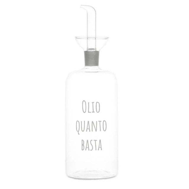 Oliera in vetro borosilicato con beccuccio anti-goccia e scritta in bianco "olio quanto basta".