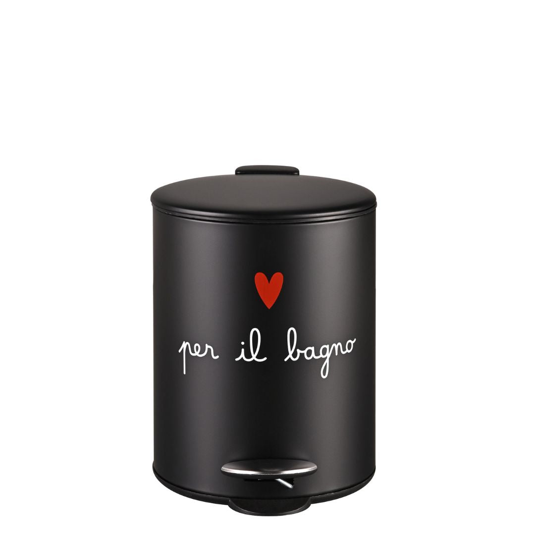 Pattumiera da 5 L nera con cuoricino rosso e scritta bianca "per il bagno".