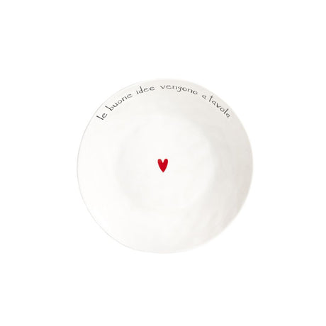 Piatto fondo in grès con scritta nera "le buone idee vengono a tavola" e cuoricino rosso al centro.