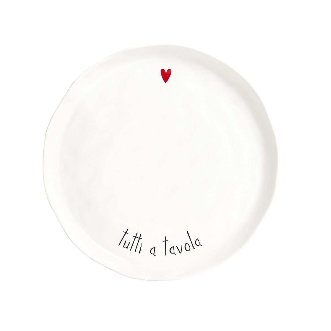 Piatto piano in grès con scritta nera
