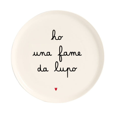 Piatto per pizza in gres con diametro di 31,5 cm e scritta "ho una fame da lupo".