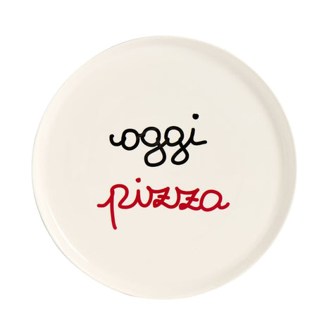 Piatto per pizza in gres con diametro di 31,5 cm e scritta "oggi pizza".