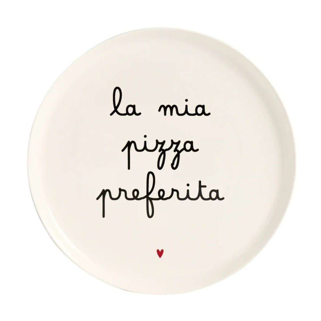 Piatto per pizza in gres con diametro di 31,5 cm e scritta "la mia pizza preferita".